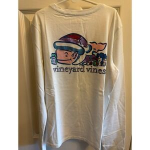 Vineyard Vines Girls' Glitter Elf Whale Long Sleeve White Tee Youth Medium 12-14
